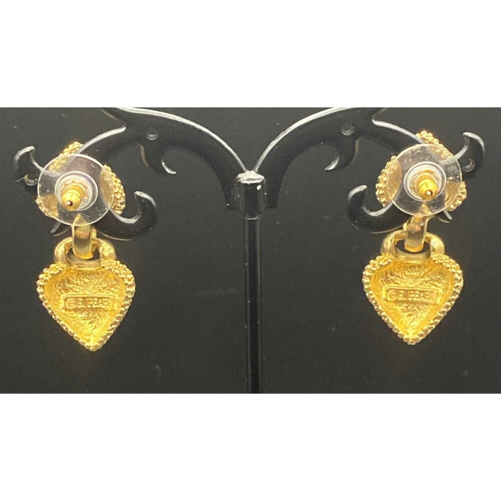 Vintage E. Pearl Signed Gold Tone Heart Drop Earrings Textured Dangle Caviar 1.5 - Picture 4 of 8